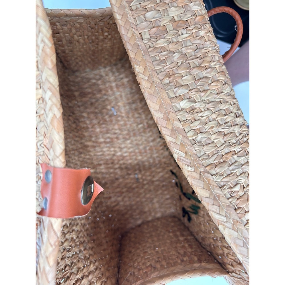 Vintage Woven Straw Floral Embroidered Satchel Bag Boho Cottagecore Natural Tan - Picture 11 of 11